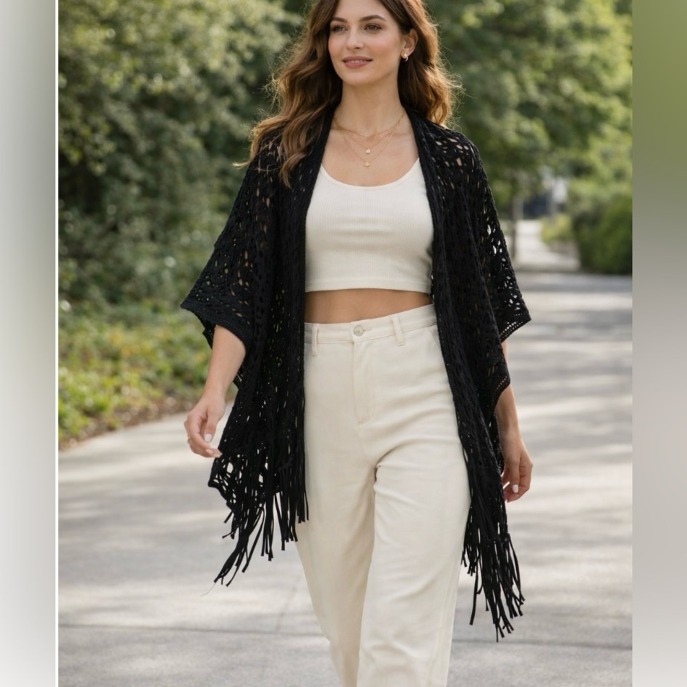 Whimsy Goth Boho Black Open Knit Shawl